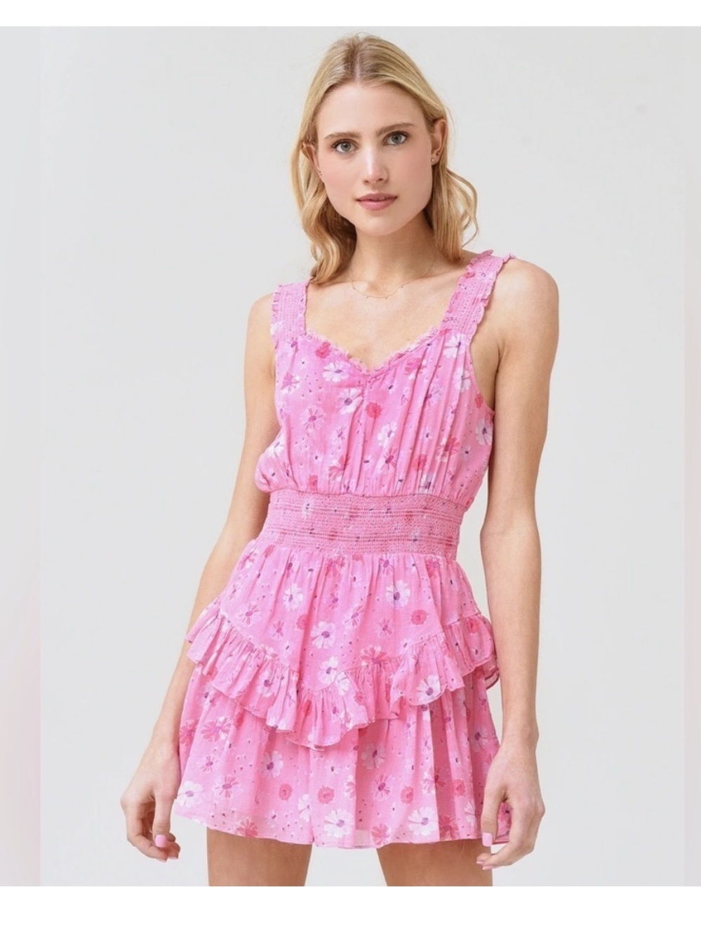 LoveShackFancy Pink Norelli Floral Tiered Mini Dress